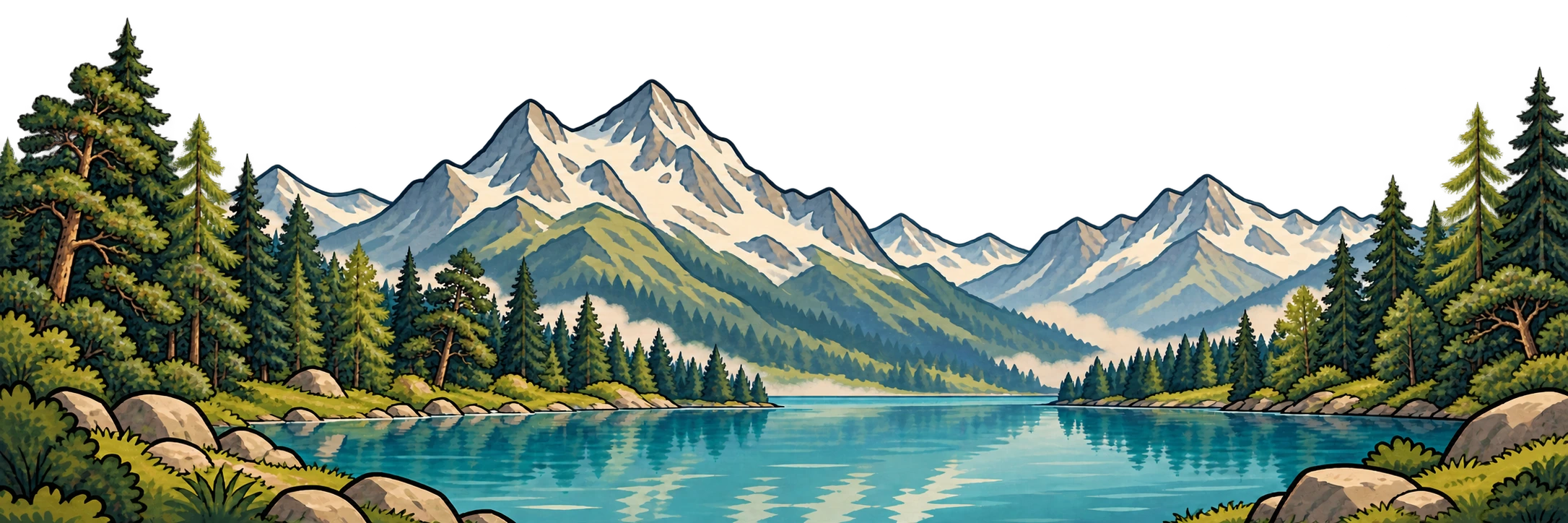 A hand-drawn turquoise lake nestled between snowy French Alpine peaks and varied alpine forests.